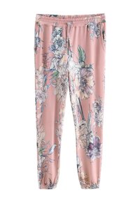 Pantalon imprimé floral en tissu rose doux, doté d'une ceinture élastique, d'un cordon de serrage et de poignets resserrés ornés de motifs floraux colorés.