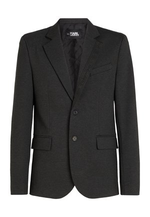 Charcoal-gray blazer made of textured fabric, featuring a single-button closure, notched lapels, and two front pockets. Quilted interior lining.