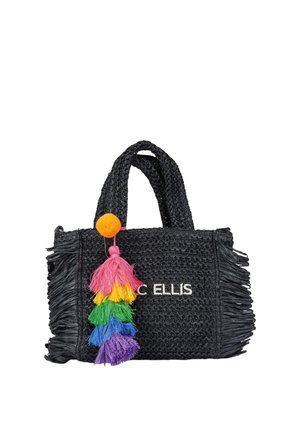 Borsa intrecciata nera con frange e decorazione di nappine colorate nei colori dell'arcobaleno appese al manico.