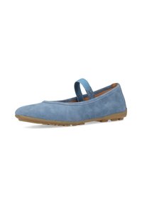 Blaue Wildleder-Ballerinas mit einer flexiblen, tanfarbenen Gummisohle, ausgestattet mit einem weichen Stoffriemen über dem Spann und einem minimalistischen Design.