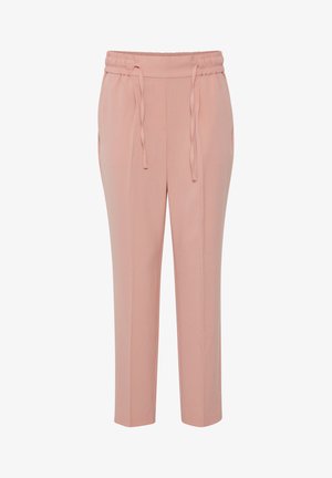 Svetlorožnate, krojene hlače z elastičnim pasom in vrvico. Imajo stranske žepke in gladko, tkano teksturo.