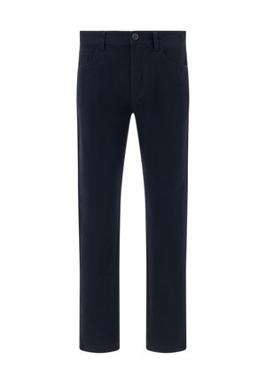 Pantalons en coton bleu marine avec une coupe droite, poches avant et fermeture à bouton à la taille. Texture lisse sans motifs.