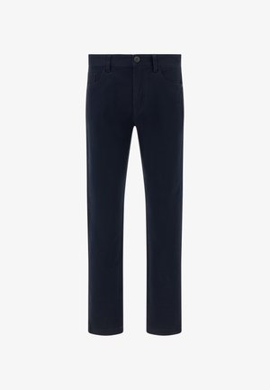 Granatowe bawełniane spodnie o prostym kroju, z przednimi kieszeniami i zapięciem na guzik w talii. Gładka struktura, bez wzorów.