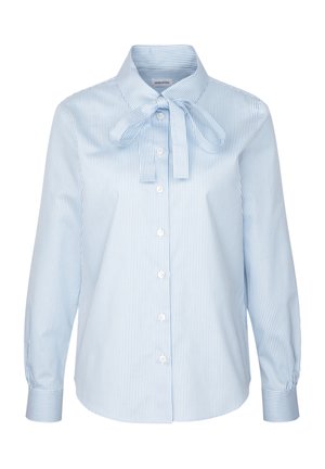 Lichtblauw gestreepte blouse met een striknek, lange mouwen, knoopsluiting en zachte textuur; heeft verticale witte strepen en aansluitende manchetten.