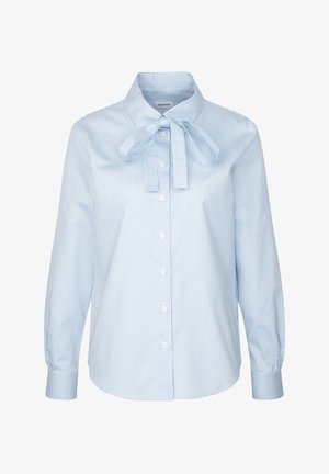 Lichtblauw gestreepte blouse met een striknek, lange mouwen, knoopsluiting en zachte textuur; heeft verticale witte strepen en aansluitende manchetten.