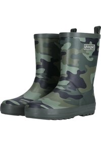 Bottes en caoutchouc vertes et noires en camouflage avec une surface texturée, un design haut et un logo en zigzag sur le côté. Adaptées aux conditions humides.