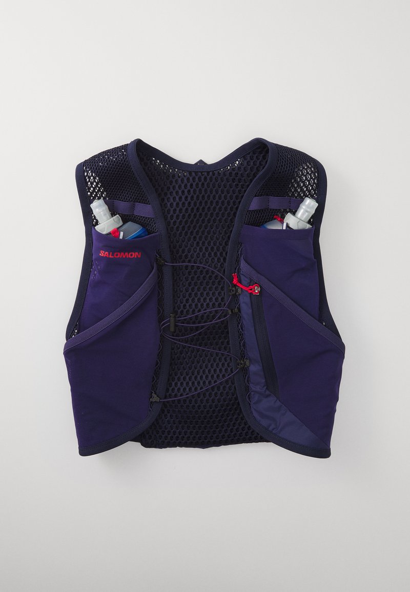 Navy mesh running vest with two side pockets, adjustable cords, and red accents. Holds water bottles for hydration during activities.