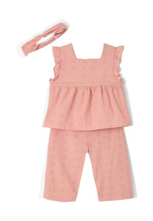 Pink toddler outfit with eyelet floral pattern, sleeveless ruffled top, matching pants, and elasticized headband.
