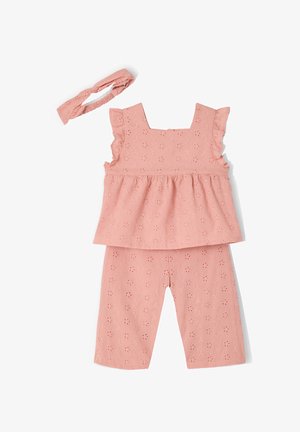 Pink toddler outfit with eyelet floral pattern, sleeveless ruffled top, matching pants, and elasticized headband.