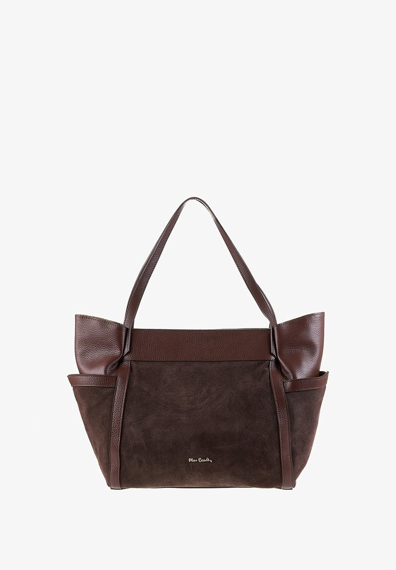 Bruine leren en suede totebag met brede handvatten, een gestructureerd oppervlak en een zijvak. Heeft een strikaccent aan de zijkant.