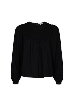 Zwarte blouse met lange pofmouwen, een gerimpelde taille en smockdetails op de borst. Gemaakt van een zachte, lichte stof met een ontspannen pasvorm.