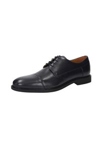 Scarpe da donna in pelle di colore blu scuro con punta arrotondata, finitura liscia, quattro paia di occhielli e suola in gomma nera bassa.