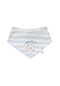 Blue and white striped bandana bib, featuring a bear graphic and the word "welcome." Made of soft fabric with a triangular shape.