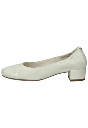 White leather ballet flat with a rounded toe, small block heel, and elasticized back for fit. Polished toe cap adds contrast.
