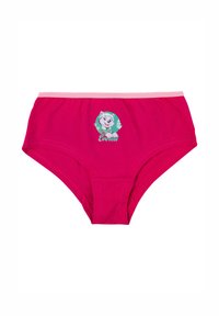 Rosa Baumwoll-Slips mit einer Comicfigur eines Hundes vor türkisfarbenem Hintergrund und dem Schriftzug "Everest", mit passendem rosa elastischem Bund.