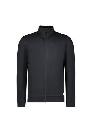 Zwarte zip-up jas met een gestructureerd patroon, hoge kraag en een borstzak. Kenmerkt zich door ribgebreide manchetten en zoom voor een strakke uitstraling.