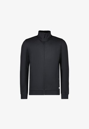Zwarte zip-up jas met een gestructureerd patroon, hoge kraag en een borstzak. Kenmerkt zich door ribgebreide manchetten en zoom voor een strakke uitstraling.