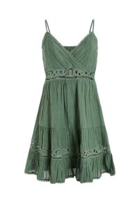 Vestido verde sin mangas con un tejido texturizado y arrugado. Presenta un cuerpo ajustado, detalles de encaje en la cintura y una falda acampanada.