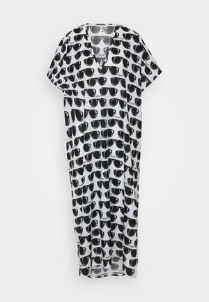 Kergest kangast maxi kleit, millel on valge taust ja korduv mustade prillide muster. V-kaelus ja lühikesed varrukad.