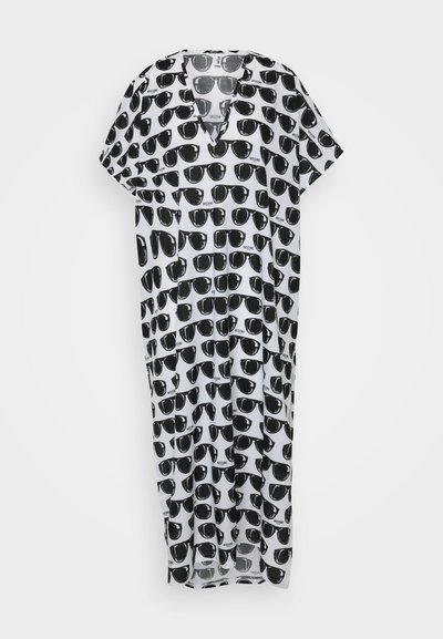 Maksikšna obleka iz lahkotnega materiala, z belo podlago in ponavljajočim se vzorcem črnih sončnih očal. O-vrat in kratki rokavi.