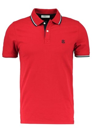 Rotes Polohemd mit kurzen Ärmeln, geripptem Kragen mit schwarz-weißen Streifen und einem kleinen gestickten Logo auf der linken Brust.