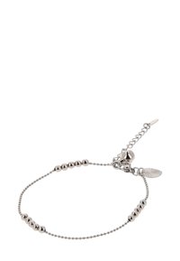 Ezüst karkötő, amely kerek és gömb alakú gyöngyök keverékével, golyózárral és napfénymintás charm-mal díszített finom láncon.