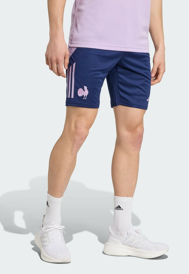 Pantalones cortos deportivos de color azul marino con diseño de tres rayas rosas, logo de gallo y forro de malla. Llevados con calcetines blancos y zapatillas deportivas.