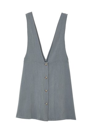 Top sans manches en denim gris avec un deep V-neck et cinq boutons décoratifs sur le devant. Texture lisse, coupe ajustée et coutures subtiles.