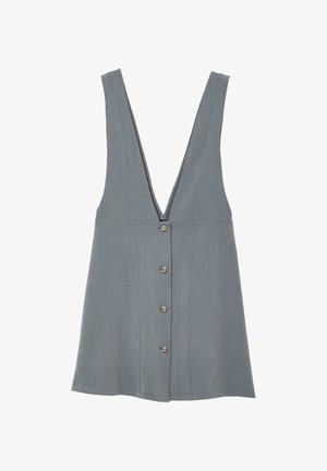 Top senza maniche in denim grigio con scollatura a V profonda e cinque bottoni decorativi sul davanti. Texture liscia, vestibilità aderente e cuciture sottili.