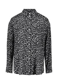 Camicia con colletto a fantasia leopardata in grigio e nero, con bottoni frontali e maniche lunghe, realizzata in tessuto leggero con una texture morbida.