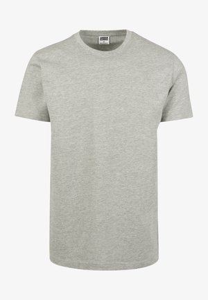 Helles graues Baumwoll-T-Shirt mit Rundhalsausschnitt, kurzen Ärmeln und geradem Saum. Weiche Textur ohne sichtbare Muster oder Grafiken.