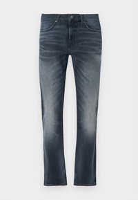 Jeans din denim albastru închis, cu croială dreaptă, prevăzuți cu talie cu nasturi, două buzunare frontale și estompare subtilă pe coapse și genunchi.