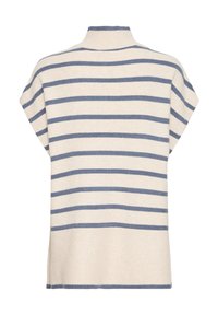 Sweter w paski, krótki rękaw w kremowym kolorze z granatowymi paskami. Posiada wysoką szyję i ribb'owany dół. Miękki materiał, luźny krój.