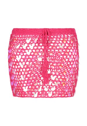 Gonna all'uncinetto di un vivace colore rosa con paillettes circolari riflettenti. Presenta una vita con coulisse e un dettaglio con frange. Design a trama aperta.