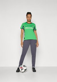 Roheline jalgpallijoonis mustade äärte ja mitmevärviliste varrukate aktsentidega, koos hallide spordipükste ja mustade jalgpallikingadega. Jalgpall on jalgade juures.