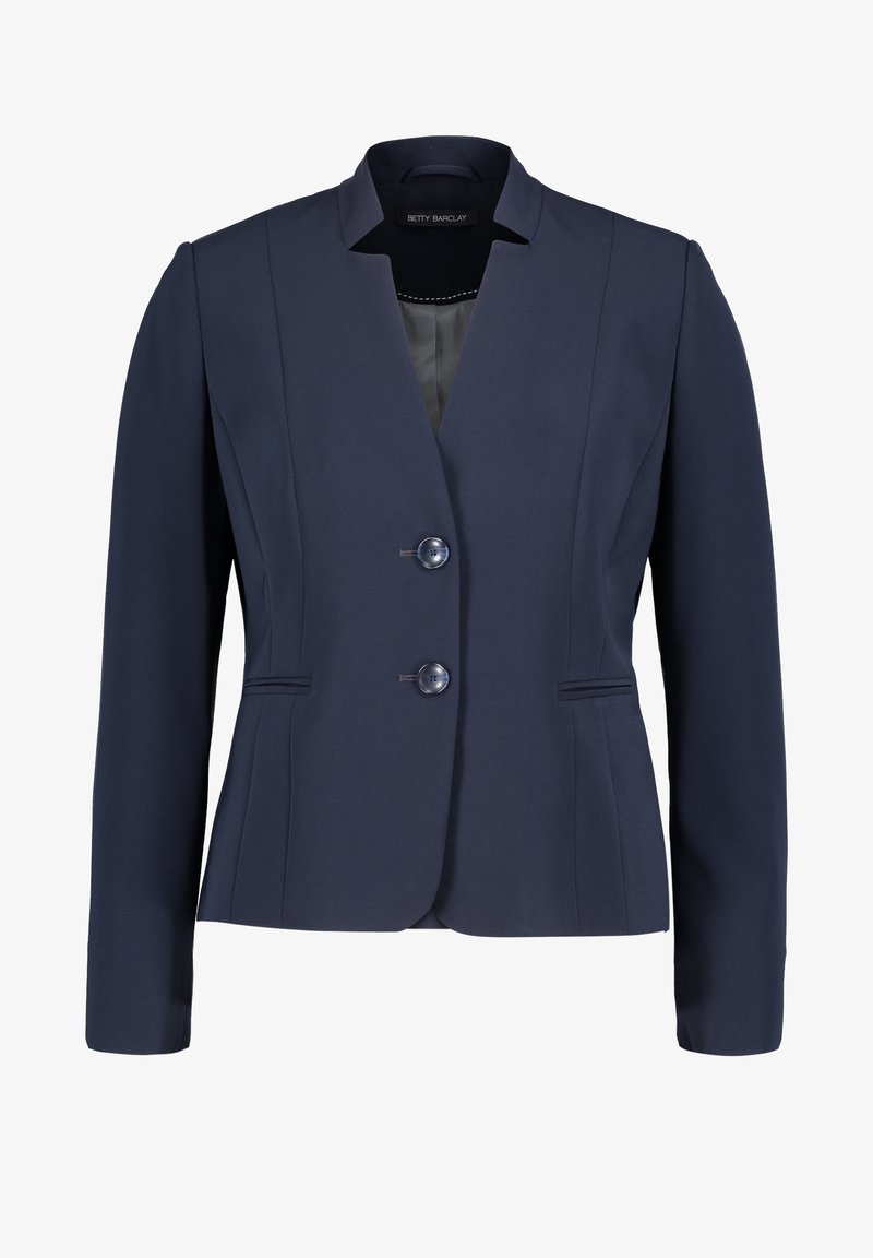 Marinblå skräddarsydd kavaj med notch-krage, tvåknappsstängning och två sidofickor. Tillverkad av mjukt tyg med en strukturerad passform.