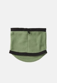 Gaiter de cou en polaire verte avec des bordures noires et un cordon de serrage réglable sur un fond blanc uni.