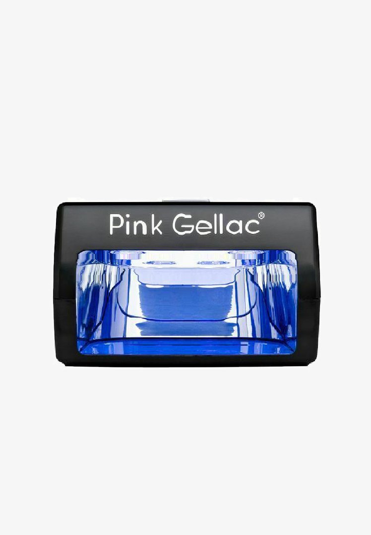 Zwarte nagellamp met een transparante blauwe binnenkant en het "Pink Gellac" logo. Compact rechthoekig ontwerp voor het uitharden van gellak.