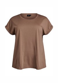 Braunes kurzärmeliges T-Shirt mit aufgerollten Ärmeln, aus weichem Stoff. Hat einen runden Ausschnitt und einen lockeren, entspannten Schnitt.