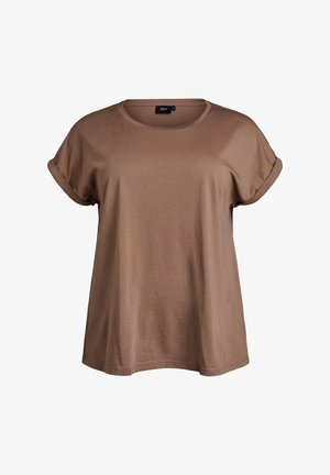 Camiseta marrón de manga corta con puños enrollados, hecha de una tela suave. Presenta un escote redondo y un corte holgado y relajado.