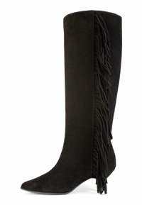 Stivale alto in suede nero con punta appuntita e dettagli frangiati lungo il lato esterno. Texture liscia, design aderente e forma affusolata.