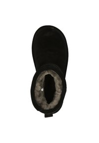 Black suede ankle boot with a round toe and soft gray faux fur lining. Features a pull tab at the back for easy wear.