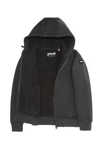 Felpa nera con zip frontale e interno morbido e peloso, dotata di un cappuccio ampio, polsini a costine e un logo a toppa sulla manica. Tessuto esterno liscio.