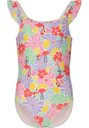 Pige badedragt i ét stykke med flæsestrimler, med farverige flamingoer, tropiske frugter og blomsterprint på en pastelbaggrund.