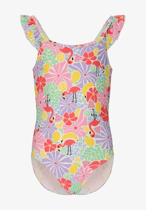 Maillot de bain une pièce pour filles avec bretelles à volants, présentant des flamants roses colorés, des fruits tropicaux et des motifs floraux sur un fond pastel.