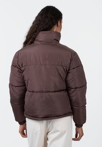 Rudas pūkinis švarkas su aukšta apykakle, turintis siuvinėtus skyrius. Audinys atrodo blizgus ir lygus, su rūbų rankovėmis su gumbeliais.