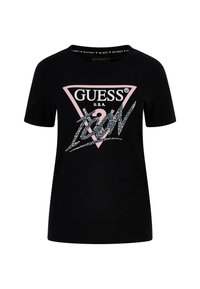 Camiseta de algodón negra con un logo triangular rosa que incluye texto blanco y adornos de strass, mangas cortas y cuello redondeado.