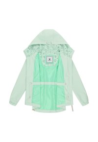 Veste à capuche vert clair avec doublure intérieure florale, poignets élastiques et fermeture éclair avant, montrée ouverte pour révéler le tissu intérieur lisse et l'étiquette de la marque.