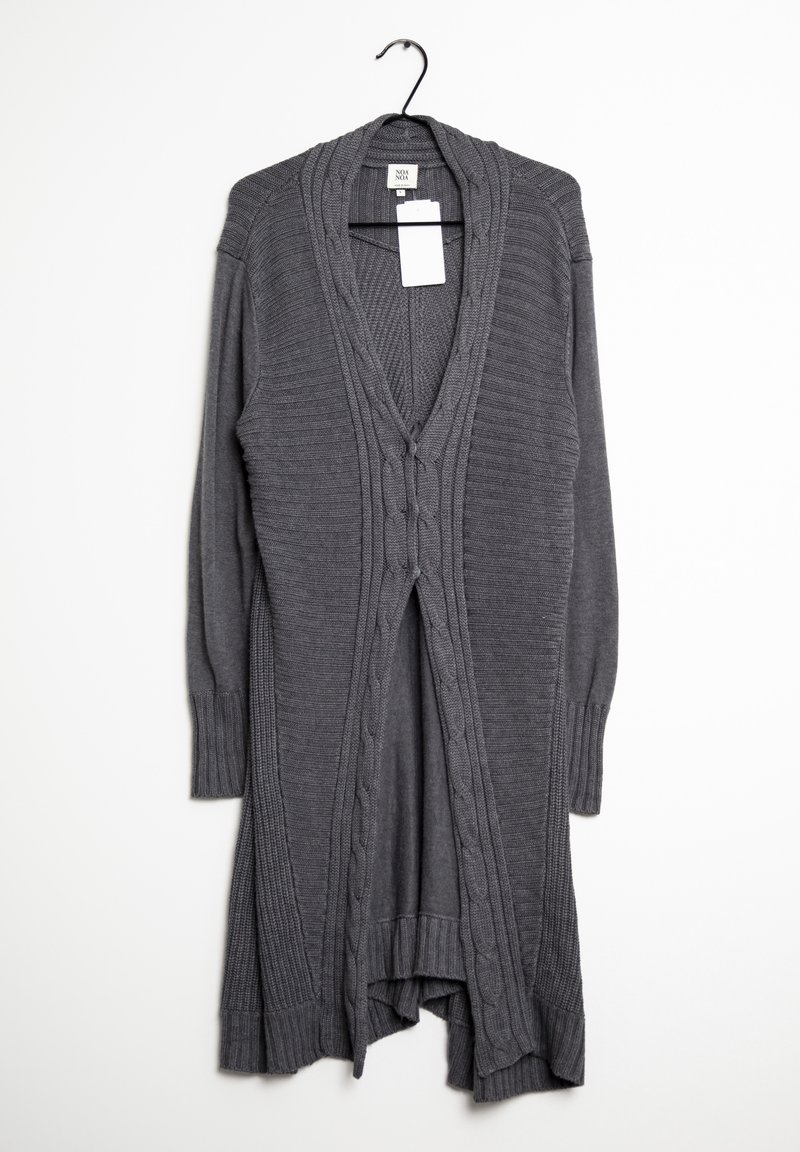 Gray long cardigan with a ribbed texture, open front, and cable-knit details along the edges. Features long sleeves and a relaxed fit.