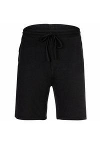 Schwarze Baumwollshorts mit einem elastischen Bund und Kordelzug, ausgestattet mit einer glatten Textur, knielangem Schnitt und ohne sichtbare Muster.